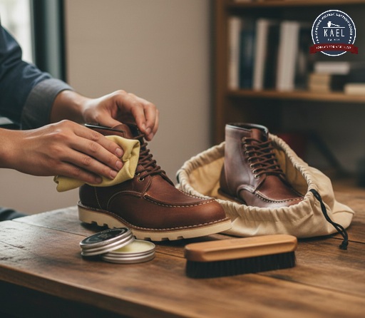 Membersihkan Sepatu Kulit Sebelum Masuk Tempat Simpan