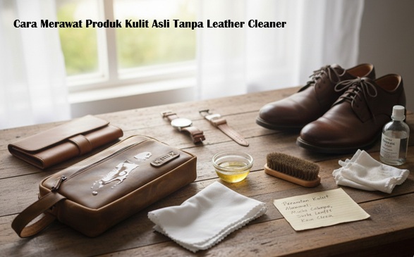 buatkan gambar realistis yang menggambarkan atau merefleksikan Cara Merawat Produk Kulit Asli Tanpa Leather Cleaner