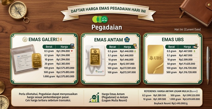 Daftar Harga Emas Pegadaian Hari Ini